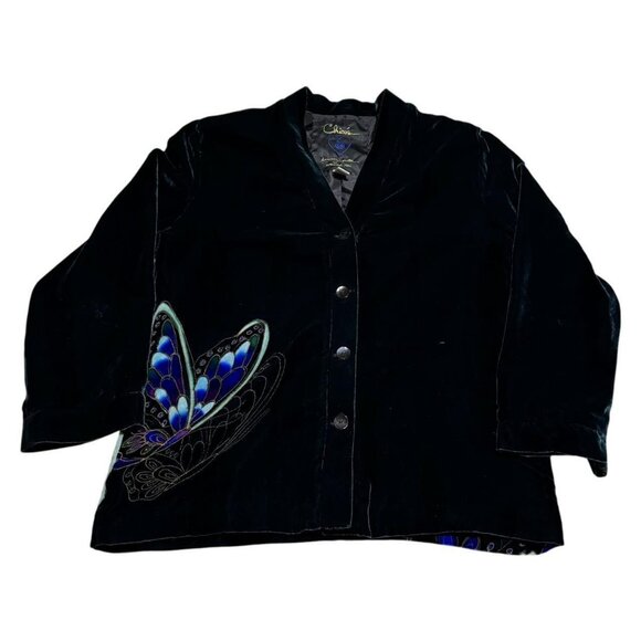 Chico’s Anniversary Collection Butterfly Silk/Rayon Velvet Jacket 1 Spruce Green - Picture 1 of 5